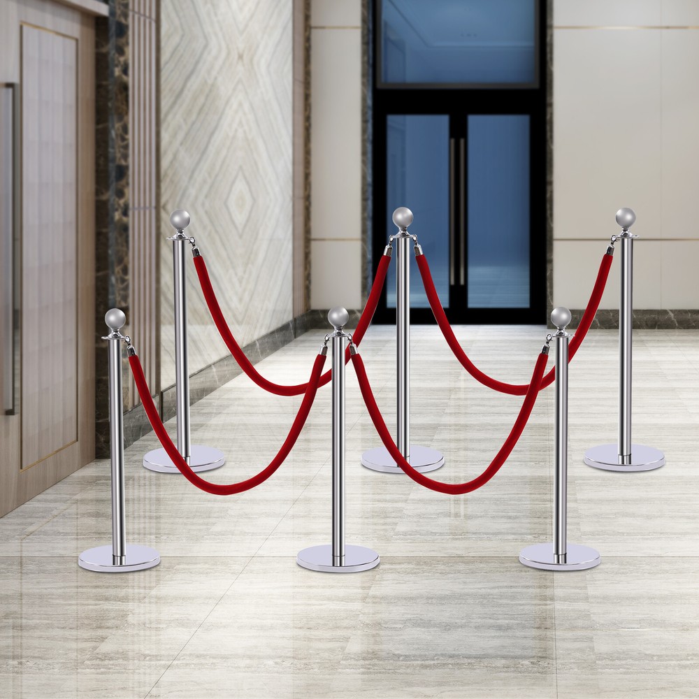 6PCS Stanchion Posts Queue Barrier Crowds Control Silver with Red Velvet Ropes