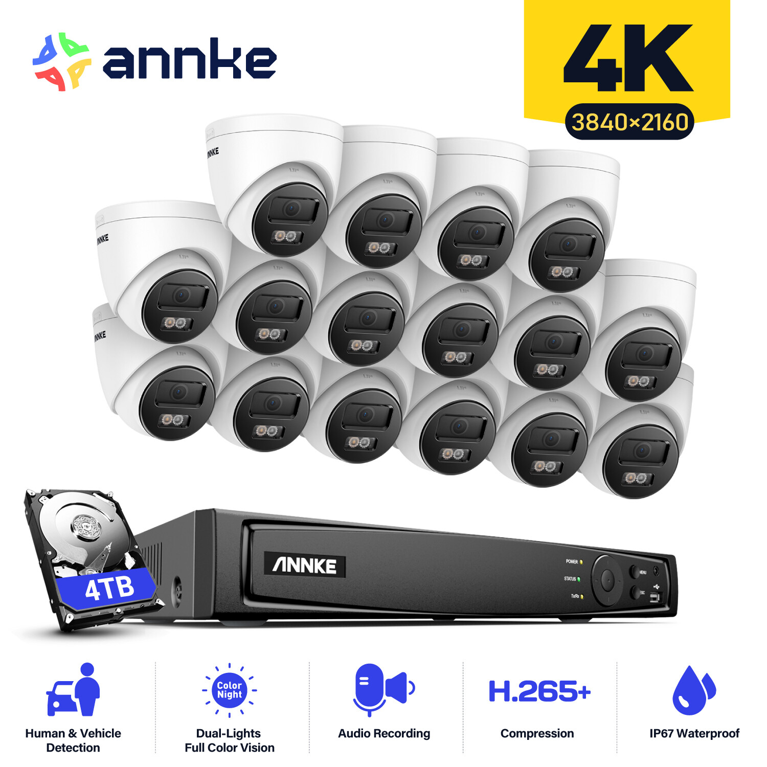 ANNKE 4K POE Audio Security Camera System 16CH NVR Color Night Human Detection