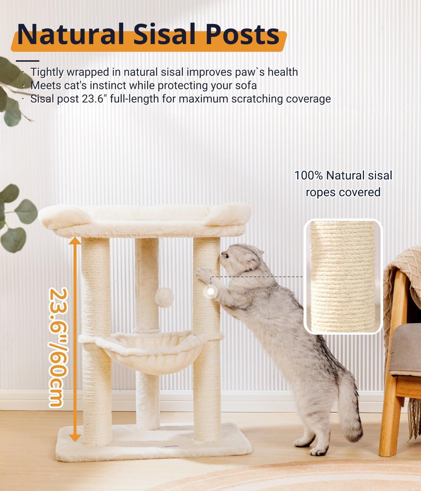 28" Cat Tree Tower, Tall Cat Scratching Post with Soft Perch for Window Viewi...