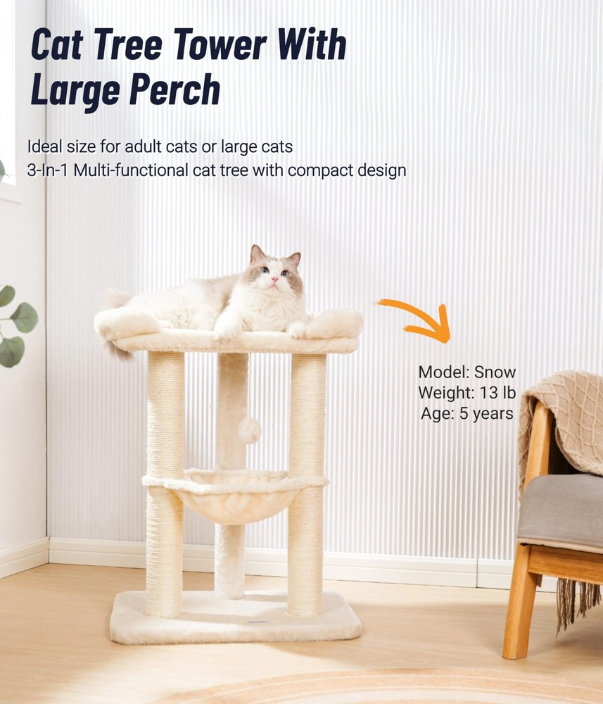 28" Cat Tree Tower, Tall Cat Scratching Post with Soft Perch for Window Viewi...