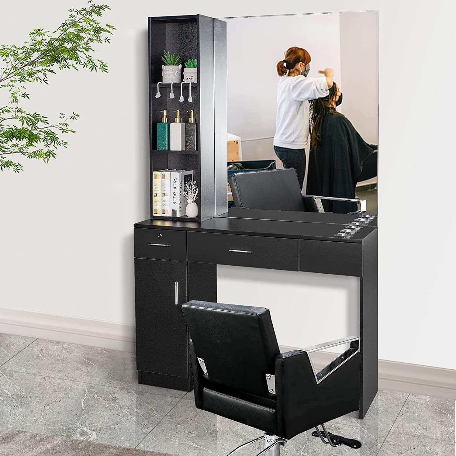 Beauty Salon Station Table Hair Styling Barber Storage Cabinet Shelves W/ Mirror
