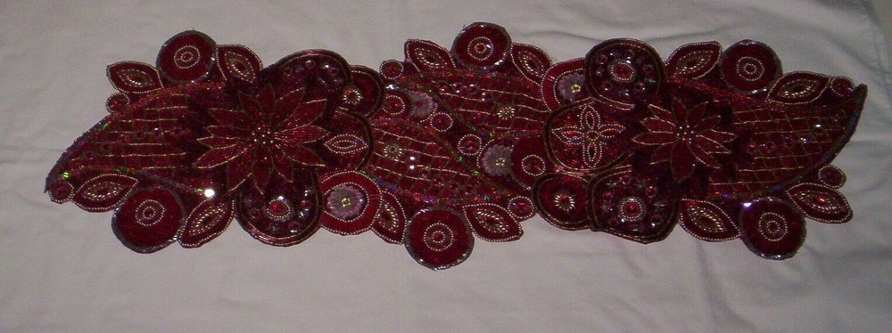 Glitz & Glimmer Red GLASS BEADED TABLE RUNNER ~ 12"x35"
