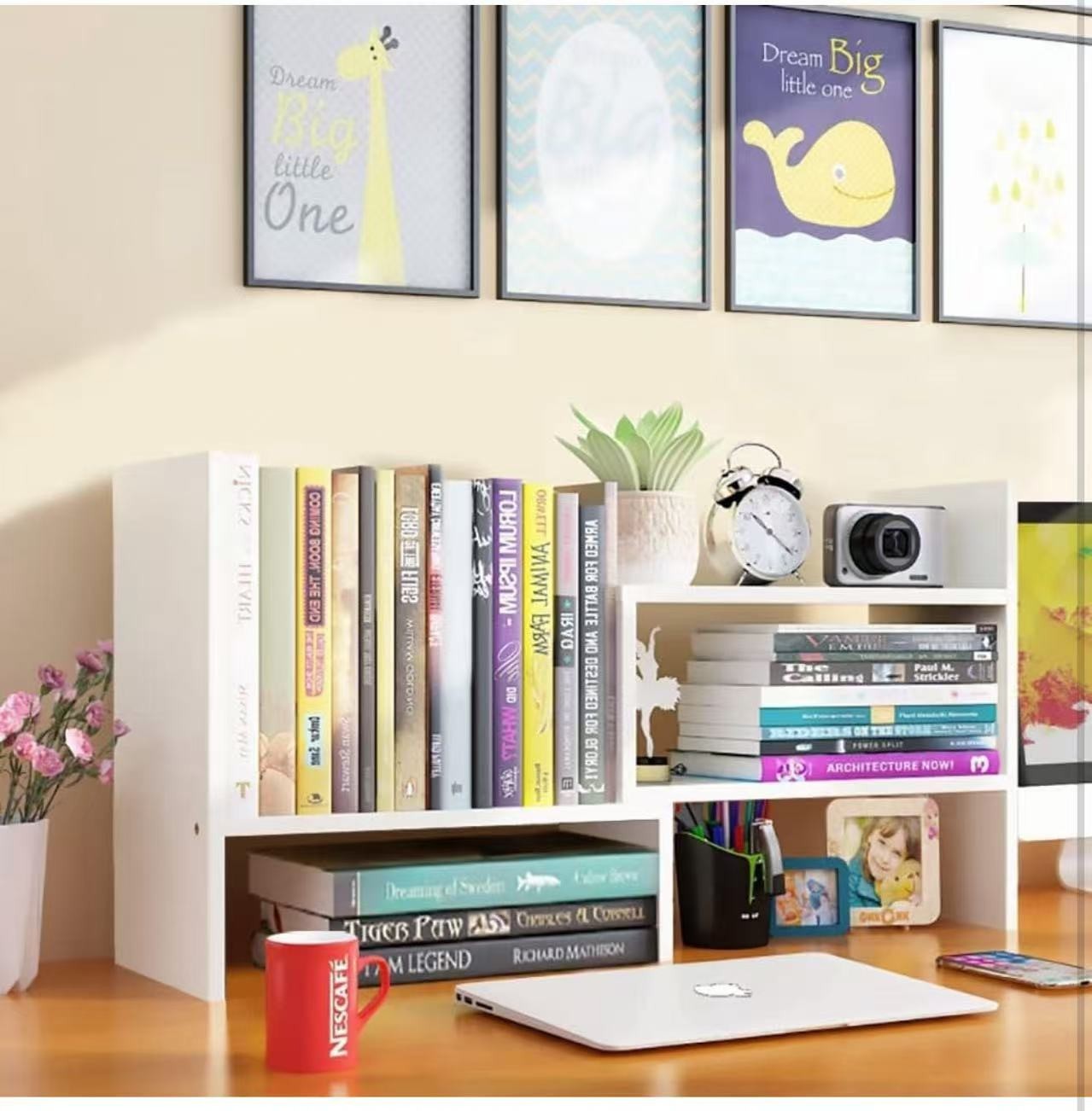 Desk Shelf, Adjustable Desktop Storage Organizer, Wood Display Shelf Rack, Offic