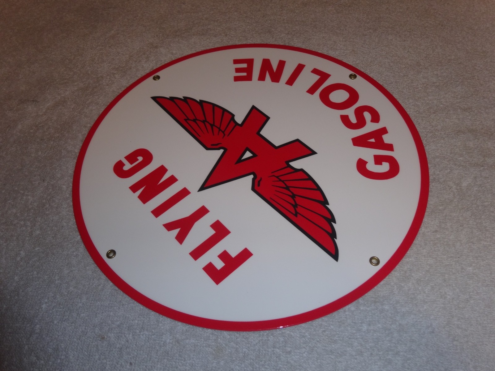 VINTAGE FLYING A GASOLINE WHITE 11 3/4" PORCELAIN METAL SERVICE STATION OIL SIGN