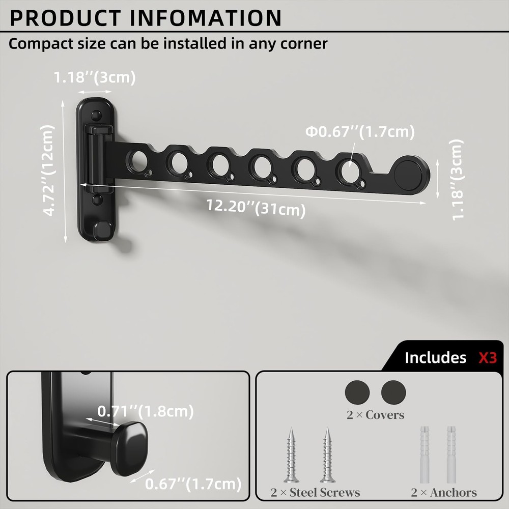Wall Mounted Clothes Hanger Rack Foldable Drying Rack Hook Folding Indoor for...
