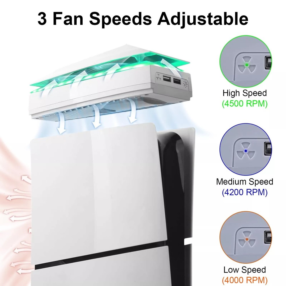 Adjustable Cooling Fan for PS5 Slim Disc/Digital Dustproof w/8 Modes Light;