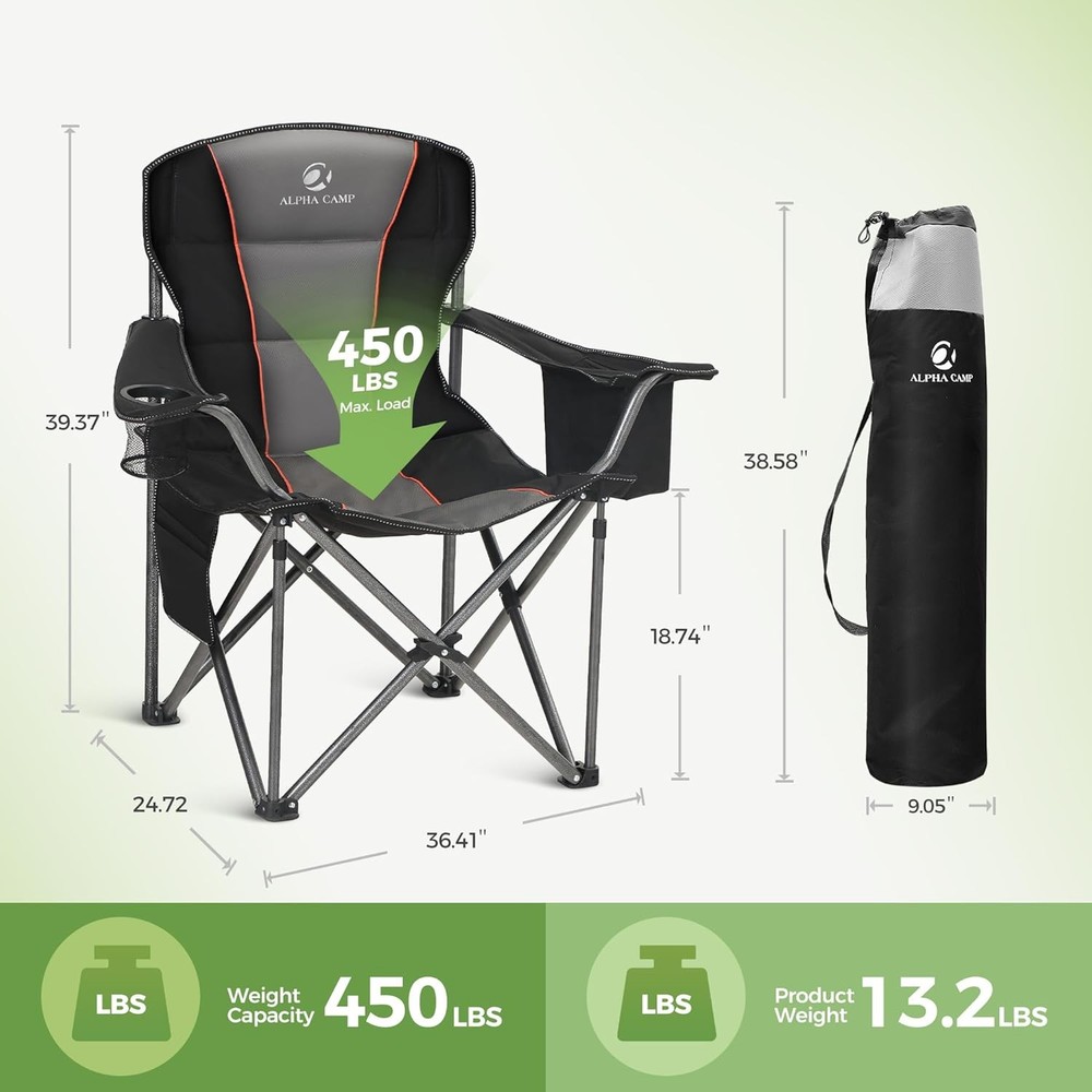 LET'S CAMP Folding Camping Chairs, 450 lbs capacity, 2-pack