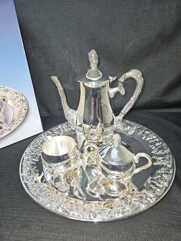 Nice Godinger Silver Plated 4 Piece Coffee Set With Elaborate Grape Design