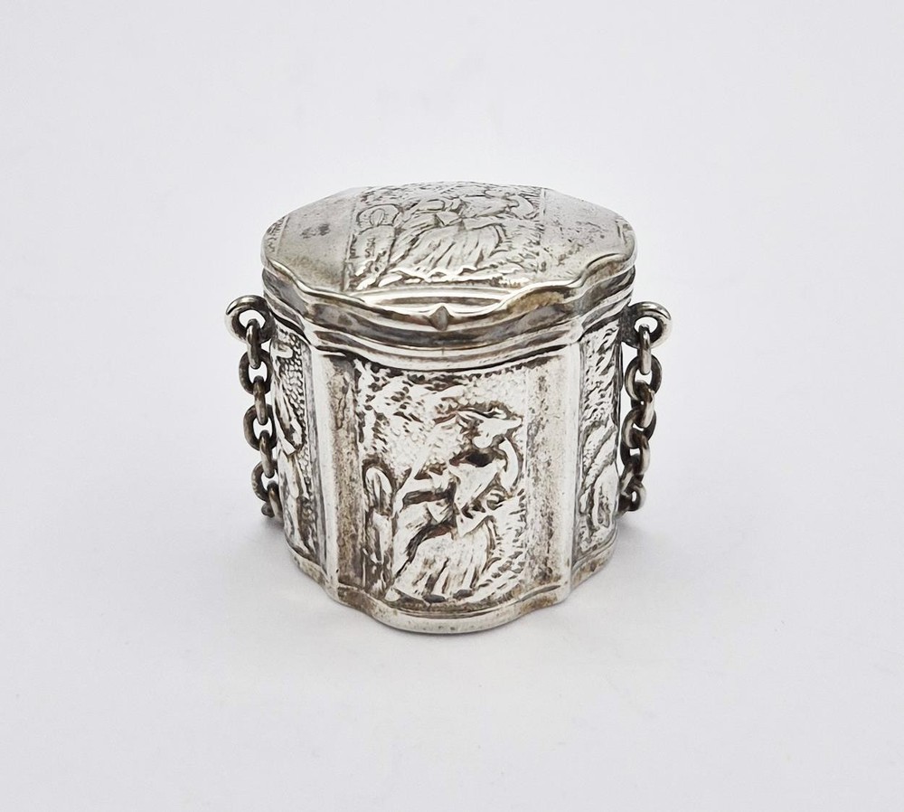 19TH CENTURY DUTCH SOLID SILVER REPOUSSE CHATELAINE MINT BOX