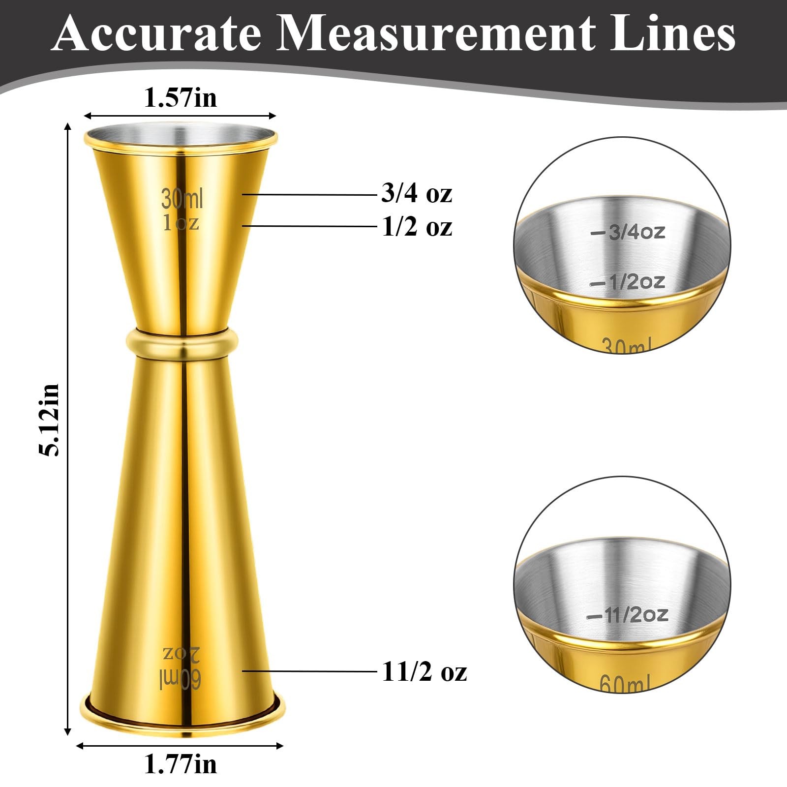 2 Pack Jigger for Bartending, 2 OZ 1 Double Shot Standard, Gold & Silver