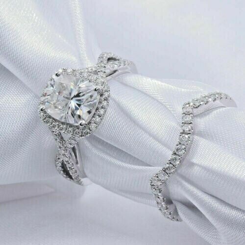 14k White Gold 2.50Ct Cushion Cut White Moissanite Engagement Ring Set Size 8.5