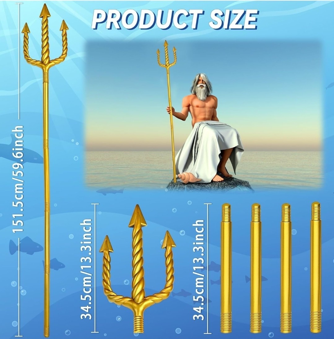 60in Gold Plastic Trident Spear Toy, King Neptune Costume Accessory for Cosplay