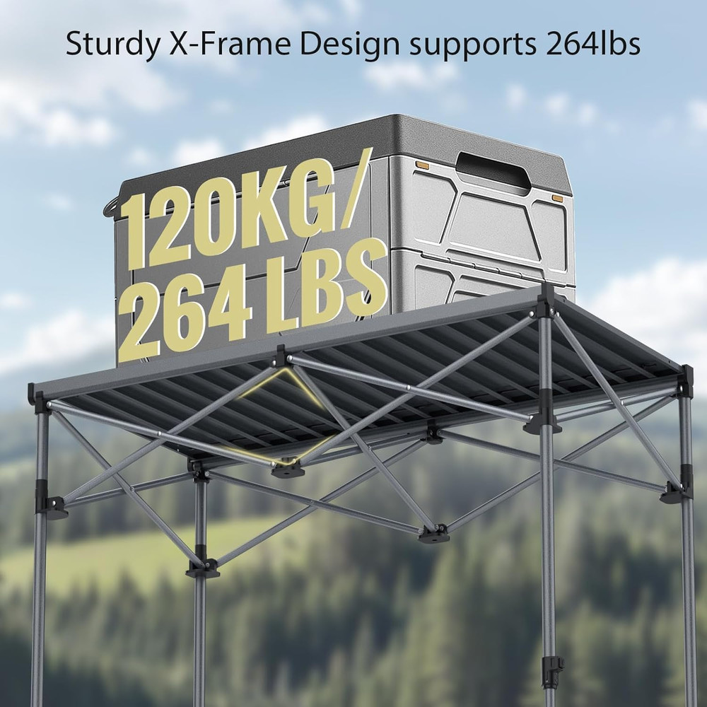 34.2” Tall Camping Table Foldable, 2 Adjustable Height Large Roll up Camping Tab
