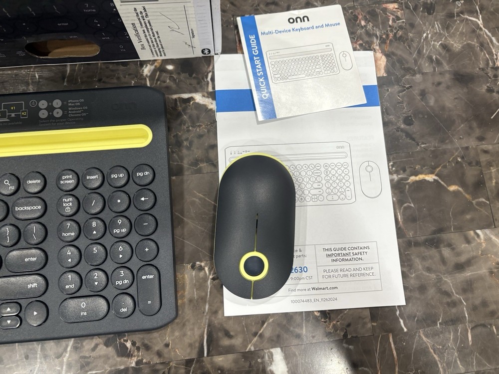 onn Multi-Device Wireless Full-Size Keyboard and 3-Button Mouse Set,Gray &Yellow