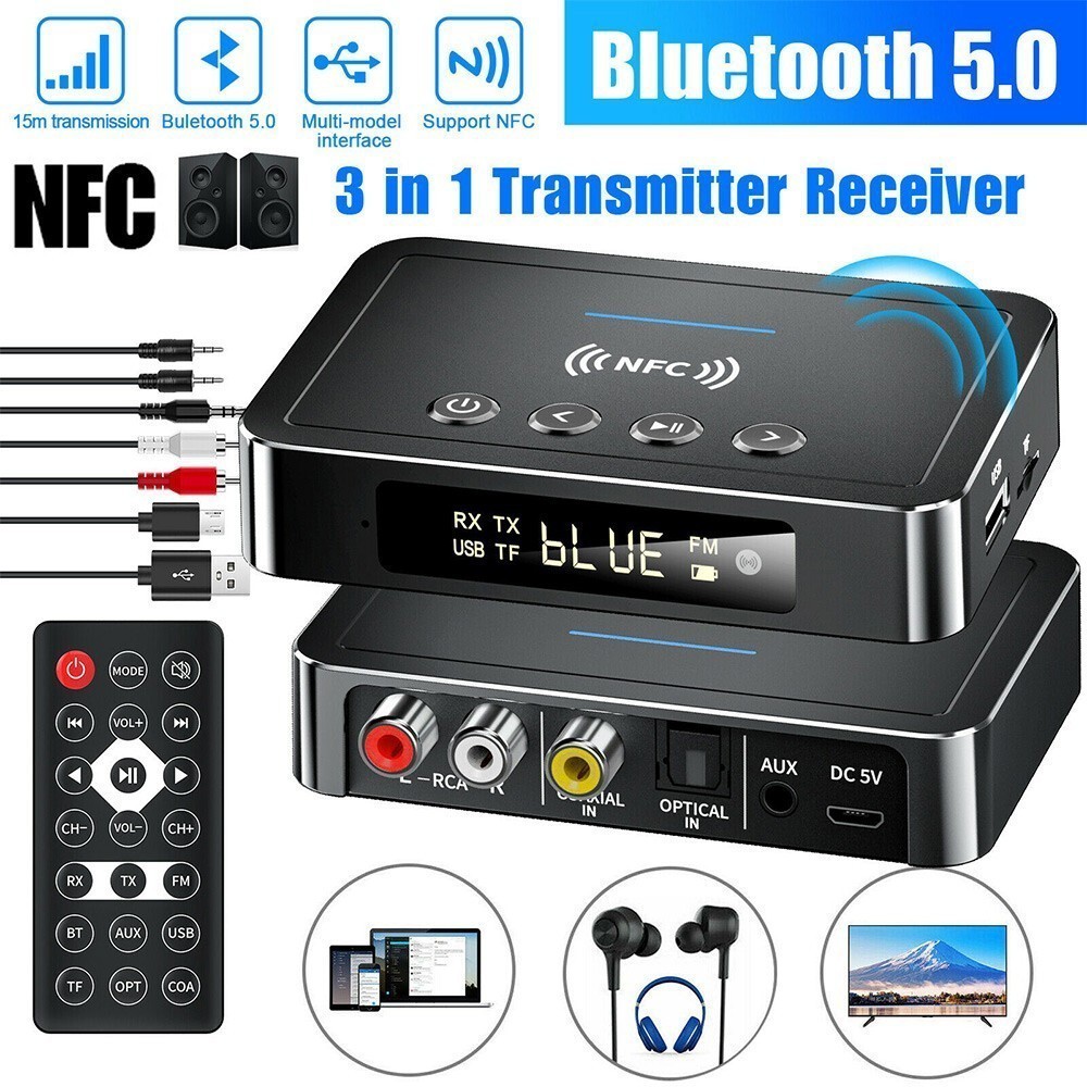 BT Transmitter Receiver Wireless 3.5mm Adapter AUX NFC to 2 RCA Audio W/Remote