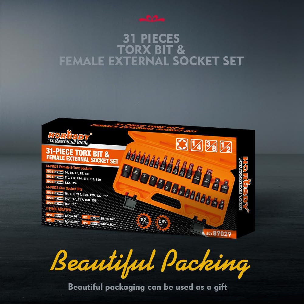 31 Piece Torx Bit Socket and Female External Socket Set | 14 Star Bits (T8- T70)