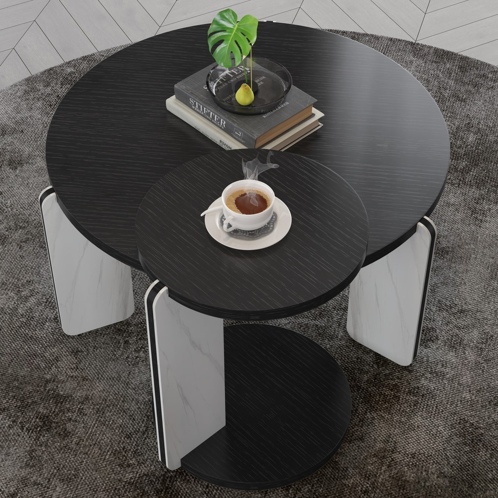 32.68" & 16.93" round coffee table end table sofa table side table set with bla