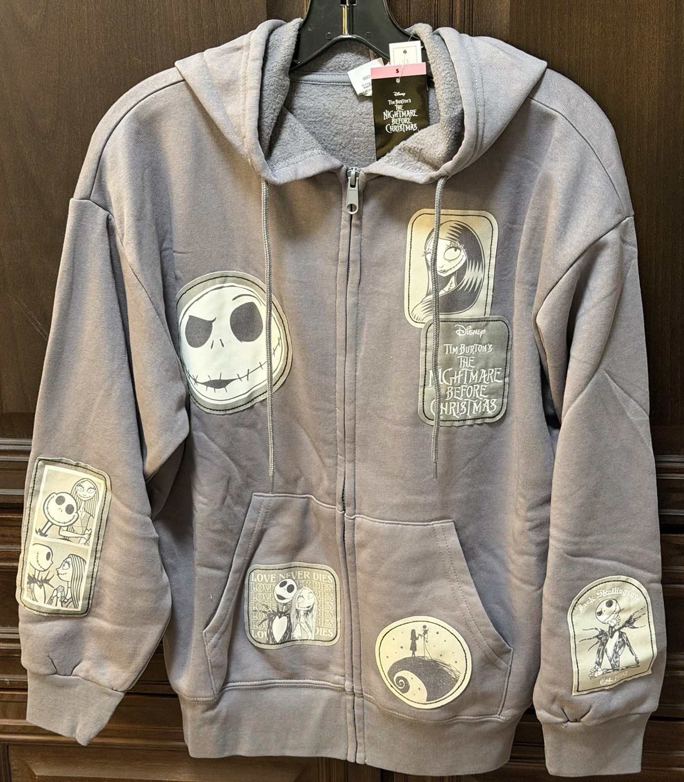 Nightmare Before Christmas Jack Sally Zip Hoodie Patch Jacket Sweatshirt L NWT