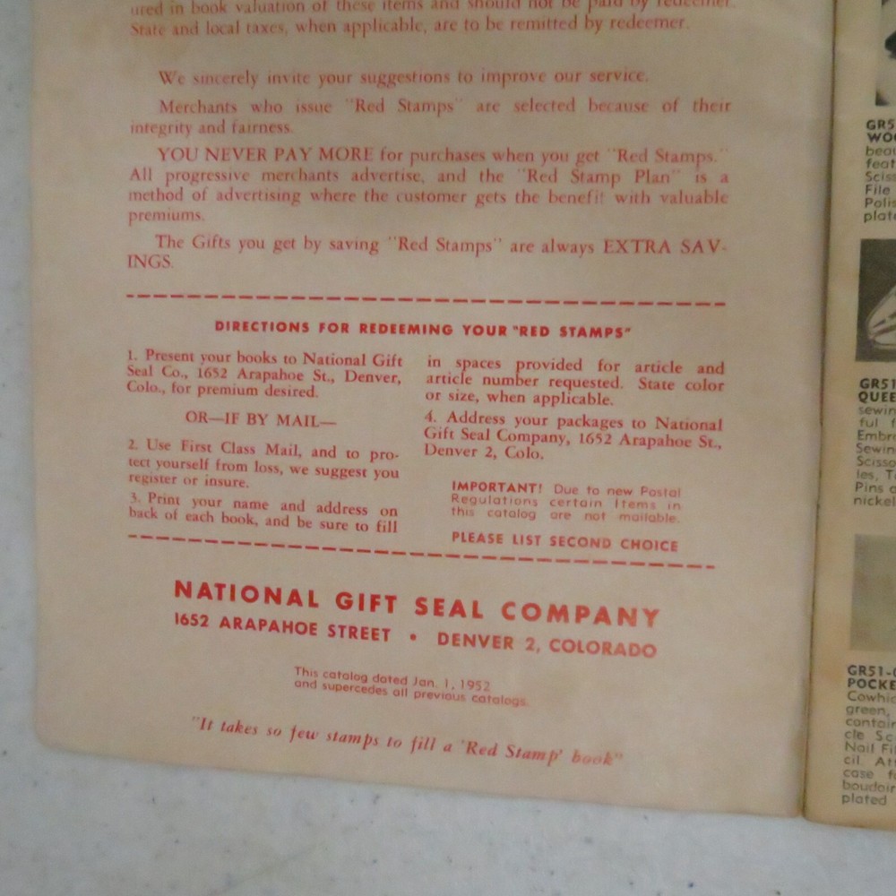 Red Stamp Premium Catalog 1952 National Gift Seal Denver CO Knapp Monarch Salem