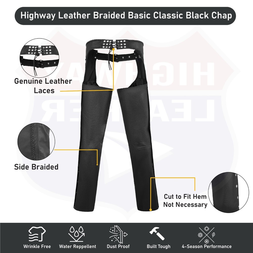 Basic Classic BLACK Style Leather Motorcycle Chap for Motorcycle HL12800BRAIDED