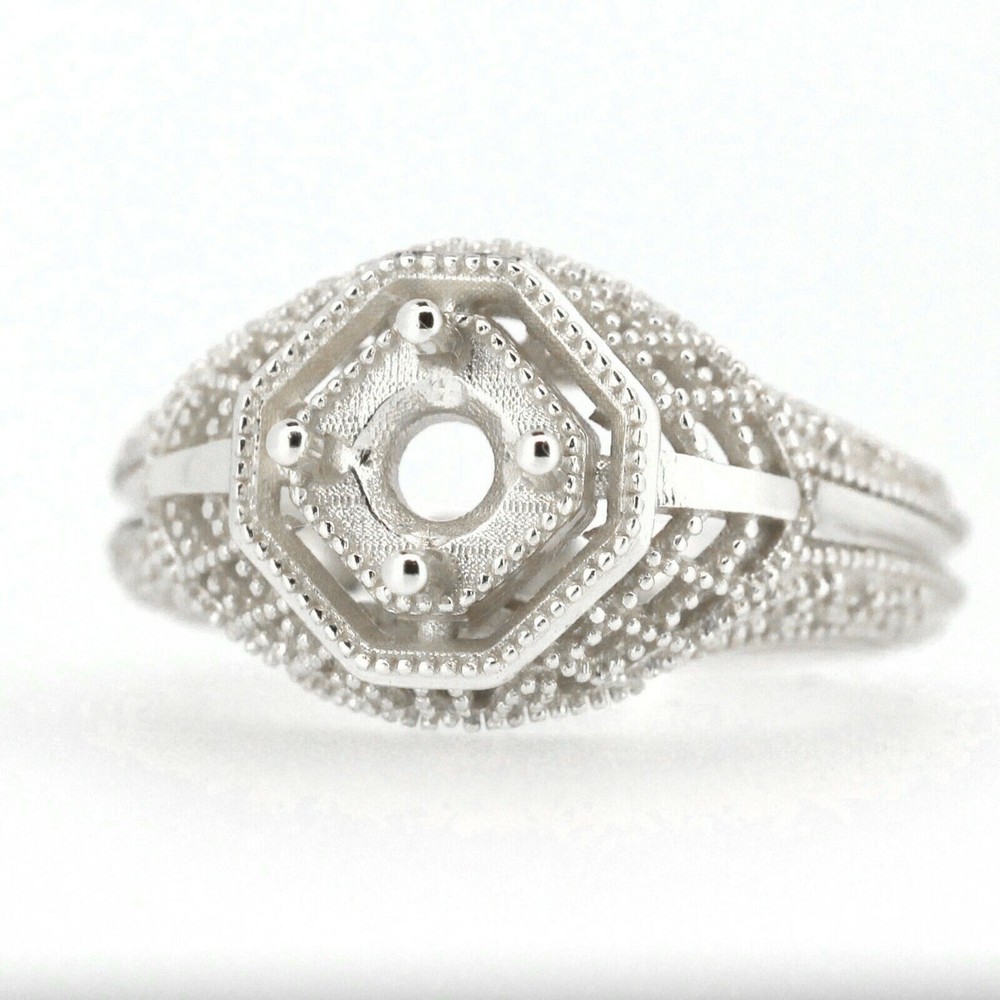 Sterling Silver Semi Mount Ring Setting Round RD 5x5mm Art Deco Style