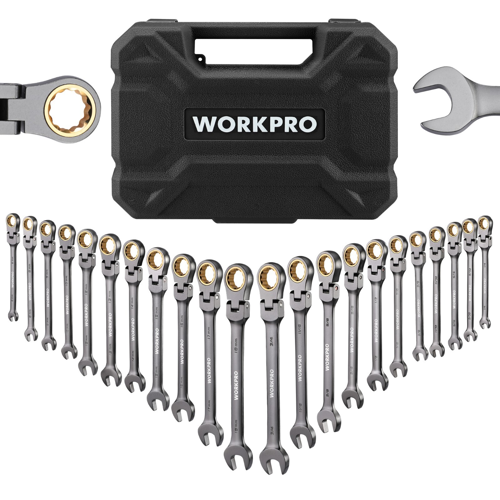 WORKPRO 22PC Flex-Head Ratcheting/Regular Combination Wrench Set w/Organizer Box