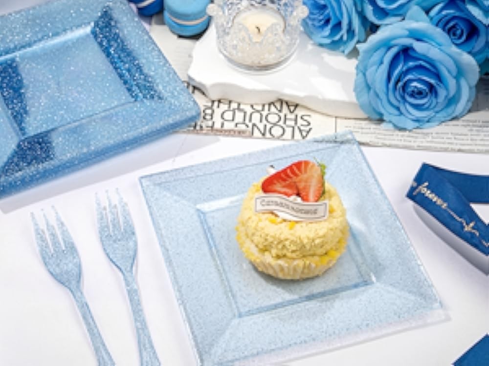 DaYmi Blue Glitter Dert Plates Including Appetizer Plates, Plastic