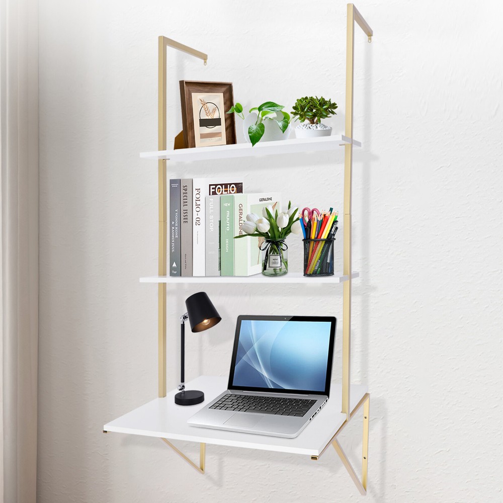 3 Layers Ladder Desk Computer Writing Table Floating Shelves Laptop Display Rack
