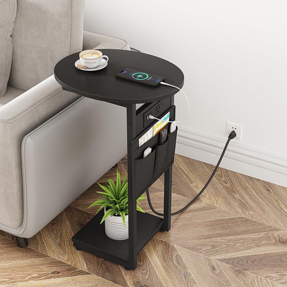 C Shaped End Table With Charging Station Small Side Table Round Couch Black