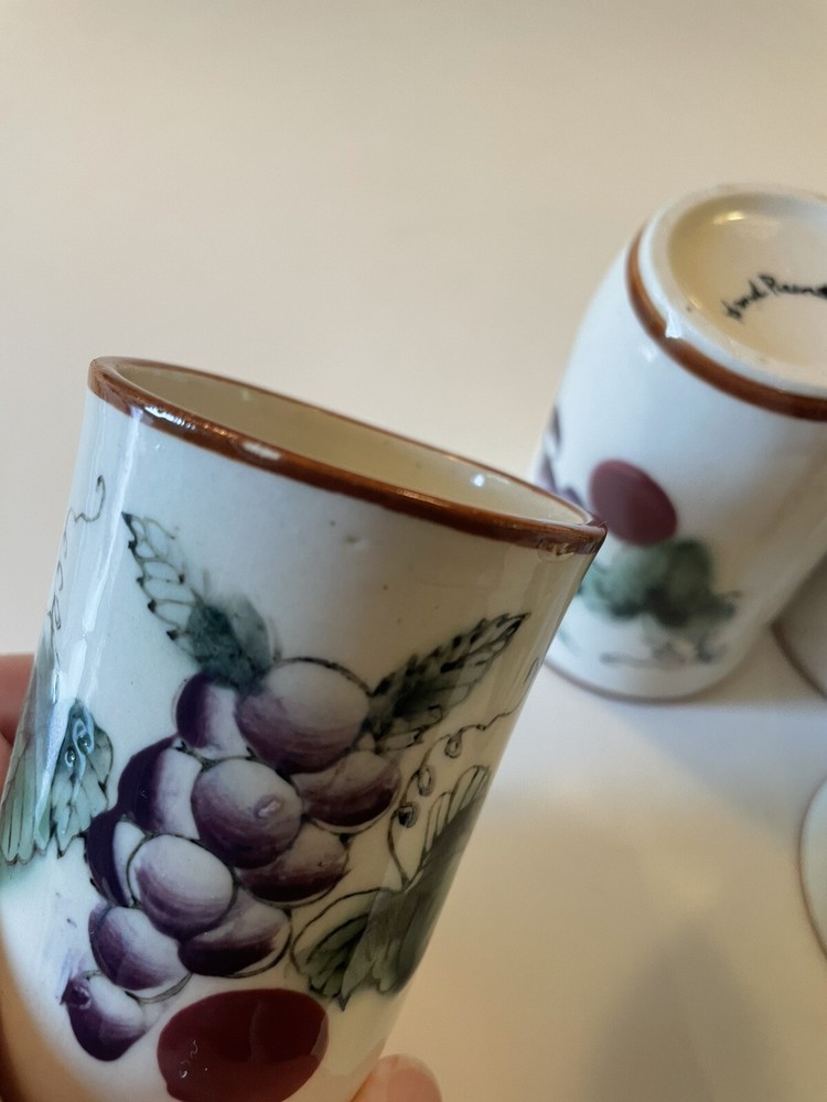 Vtg Ceramic Pitcher & Cups | Hand Painted Grape Design Jug Glasses