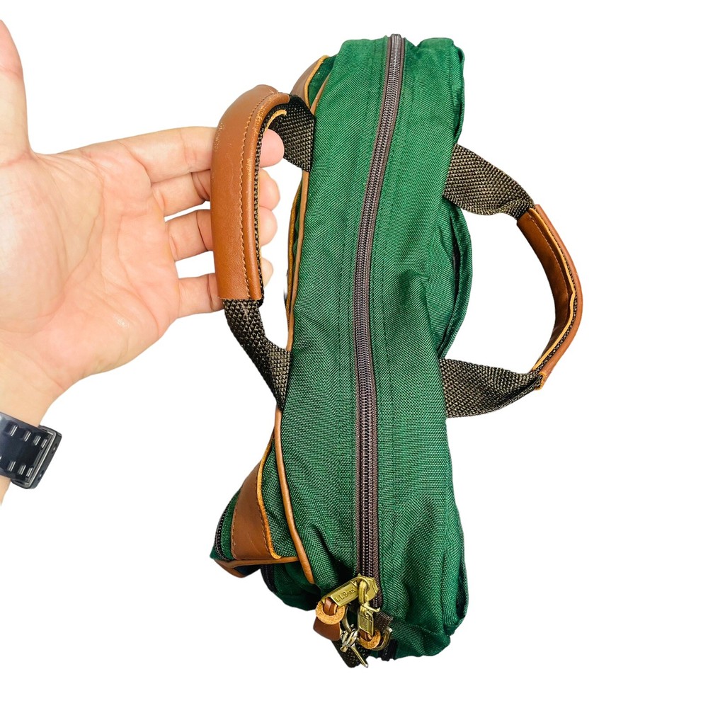 LL Bean Messenger Bag Green Briefcase Canvas Leather