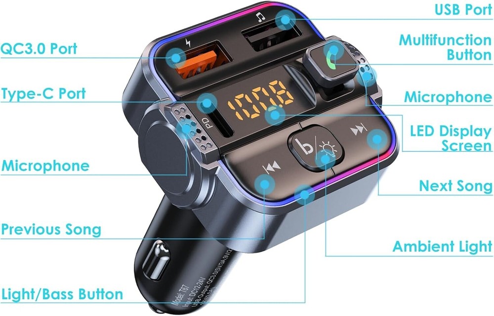 Bluetooth FM Transmitter for Car - Bluetooth Car Adapter PD20W+QC3.0 Cigarette L