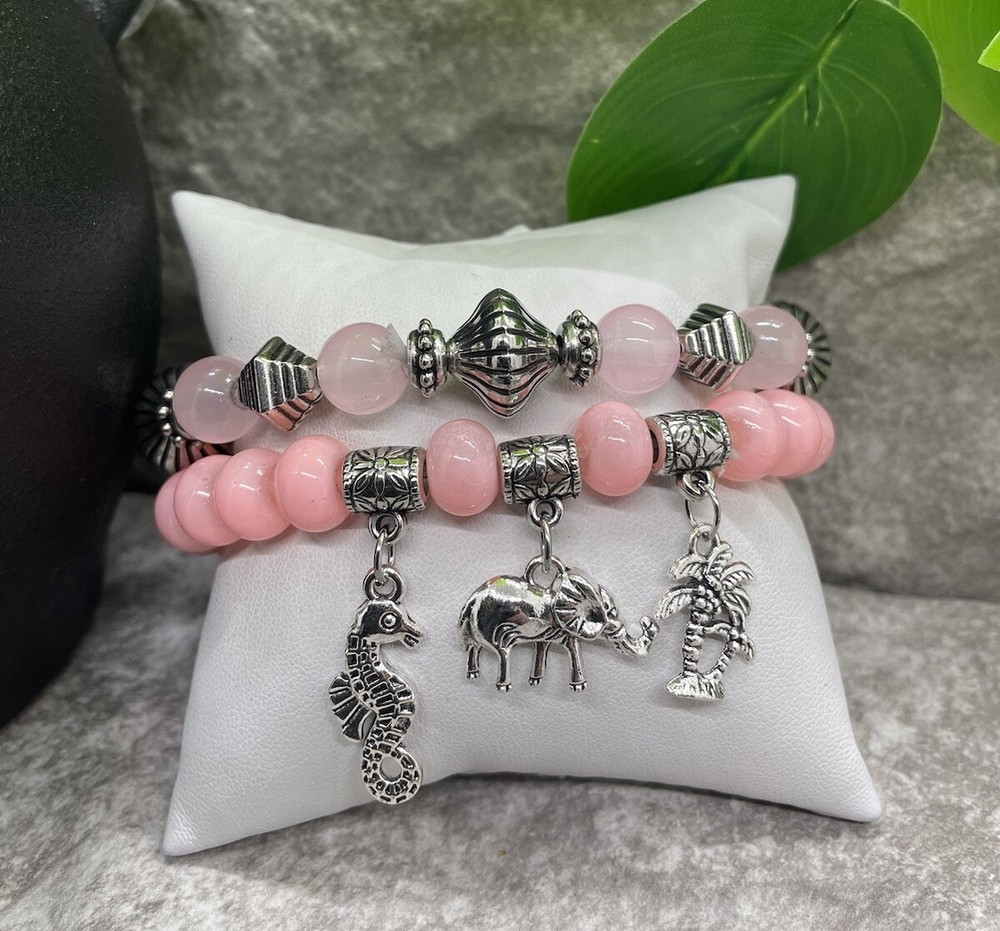 2 PC Handmade Boho  Beaded Stackable 6.5” Plus Stretch Bracelet Set New B1177