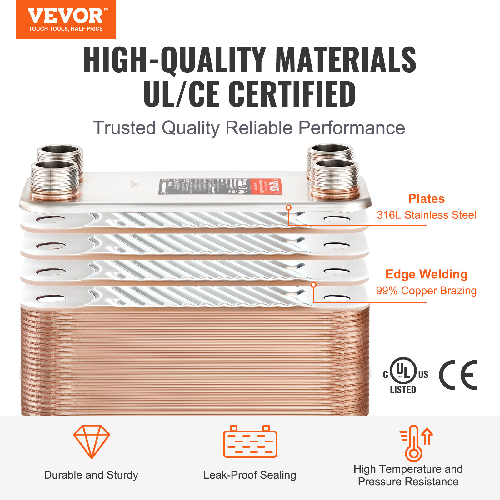 VEVOR 100 Plate Heat Exchanger 4*1-1/4" MNPT Ports 5"x 12" Brazed 316L St. Steel