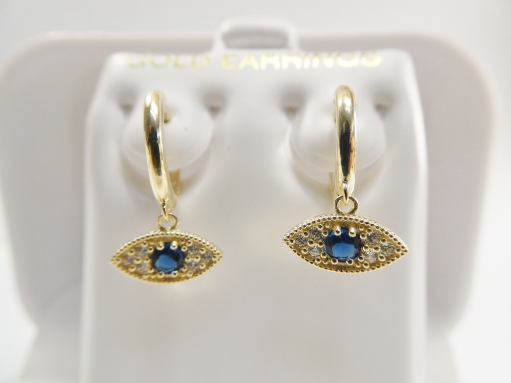 10K REAL SOLID YELLOW GOLD SAPPHIRE EVIL EYE DROPPING HOOP EARRING