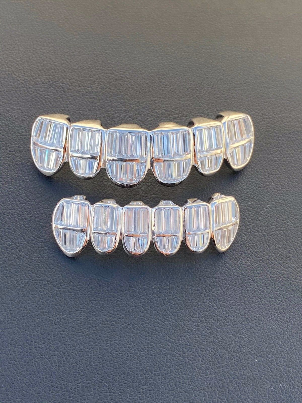 Real 925 Sterling Silver ICED Baguette Rapper GRILLZ Teeth Top & Bottom Set ICY
