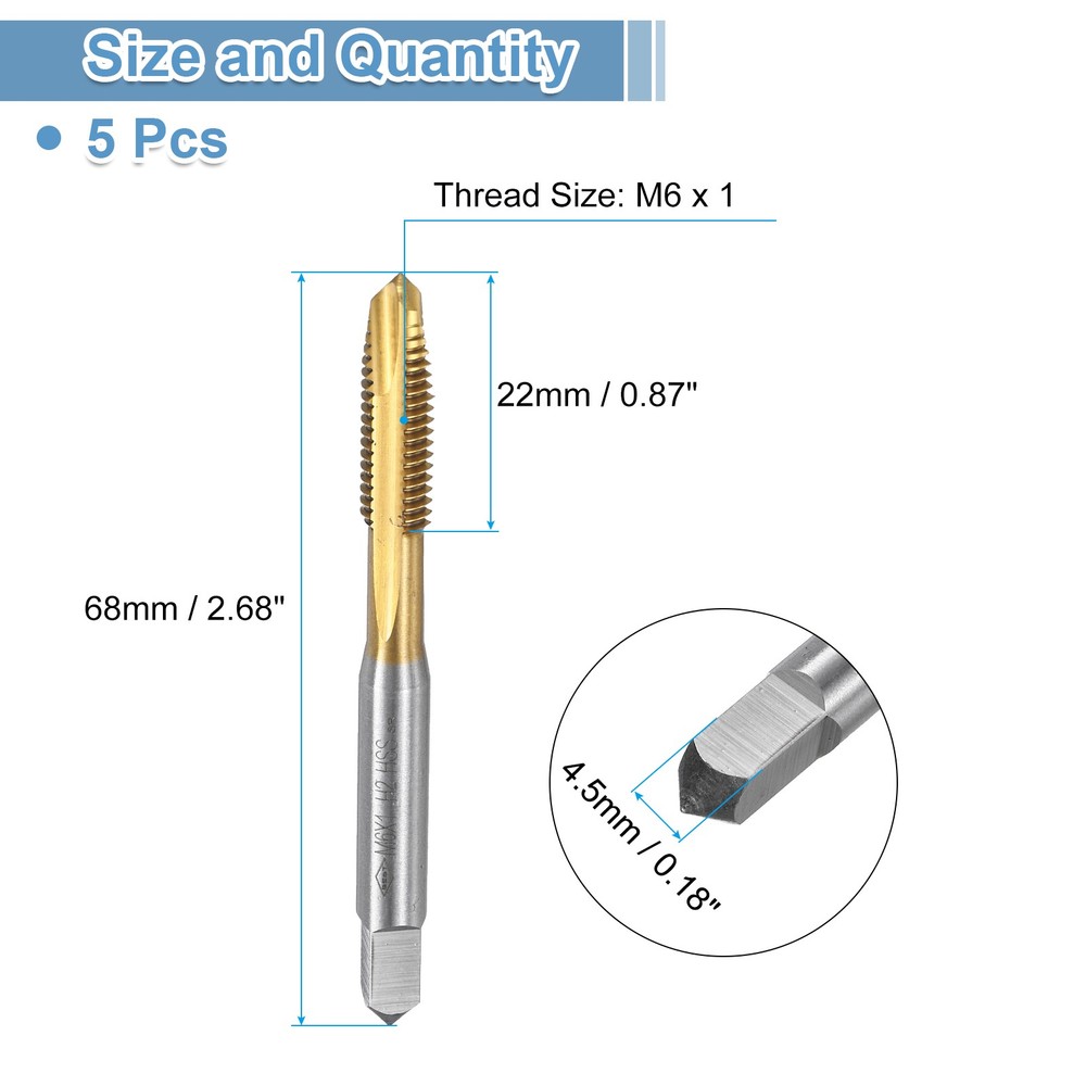 Spiral Point Threading Tap M6 x 1 Thread Titanium Coated HSS 5pcs