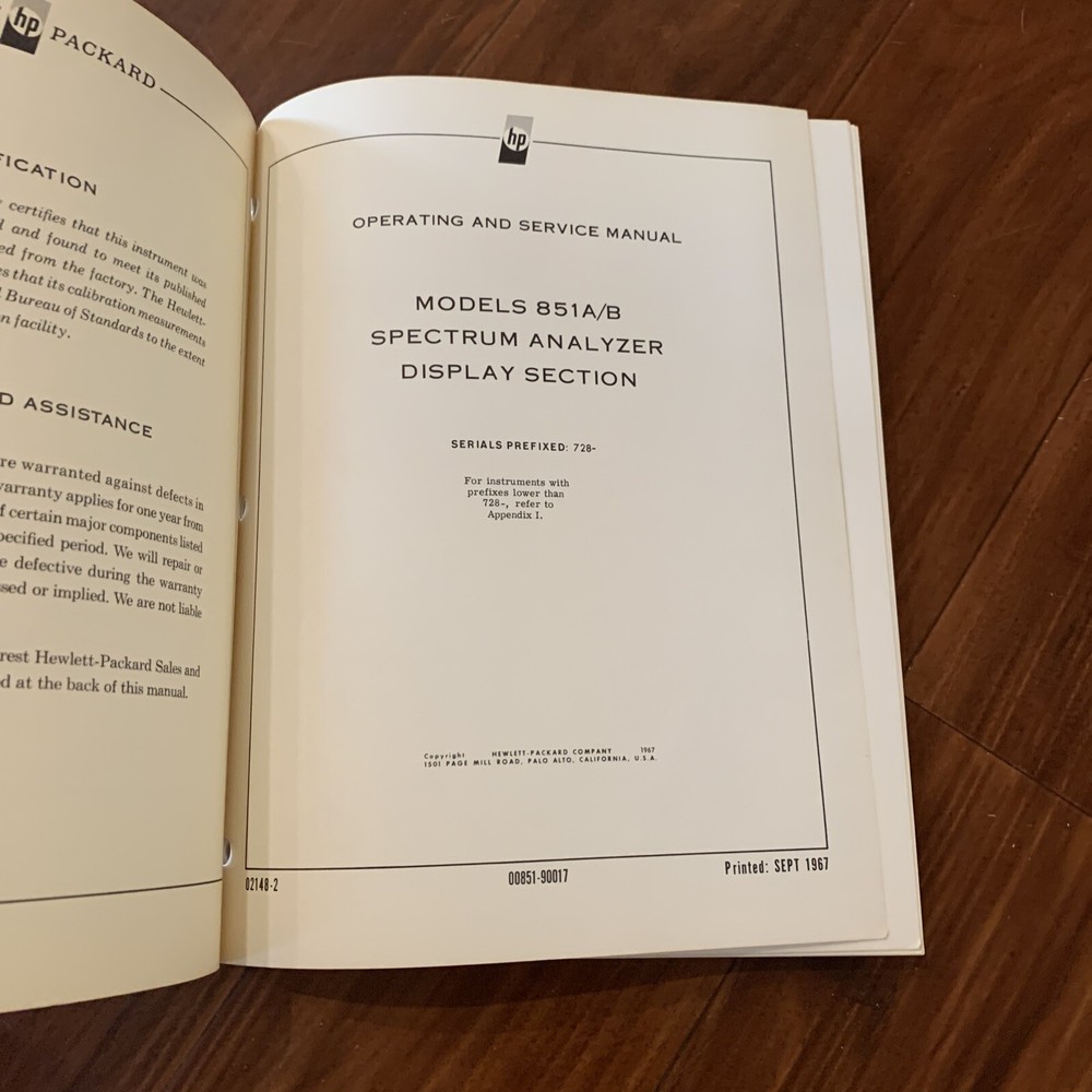 HP Spectrum Analyzer Display Section 851A/B Operating Service Manual 00851-90017