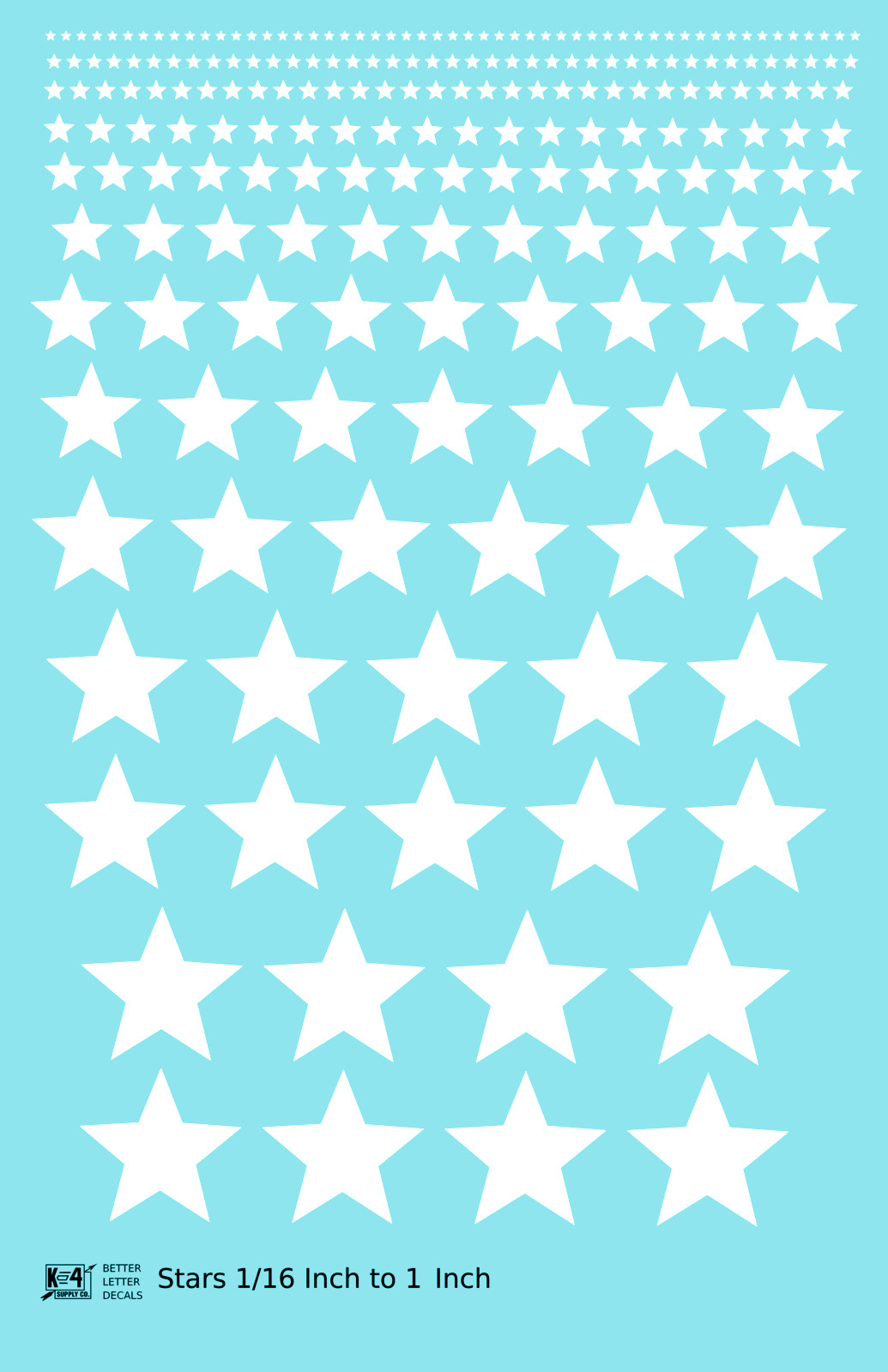 K4 All Scales Water Slide Decals Five Point Stars 1/16 To 1 Inch White