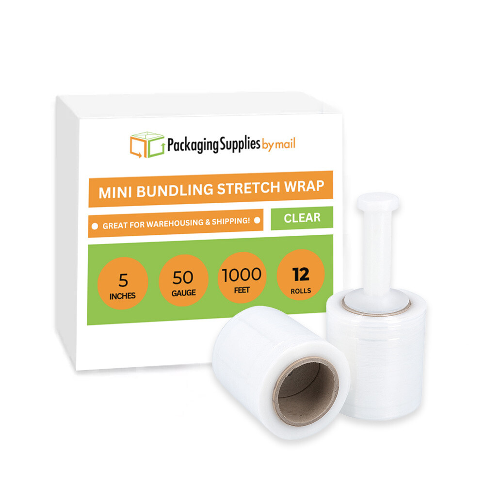 Mini Stretch Wrap Shrink Film, 12 Rolls, 5"x1000', 50 Gauge, with Plastic Handle