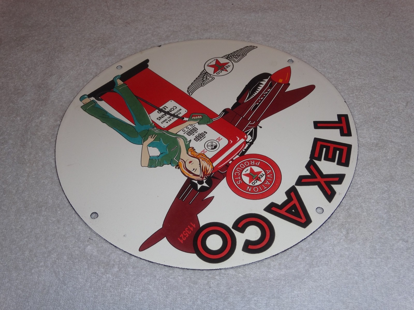 VINTAGE TEXACO AVIATION FEMALE MODEL WW2 AIRPLANE 11 3/4" PORCELAIN GAS OIL SIGN