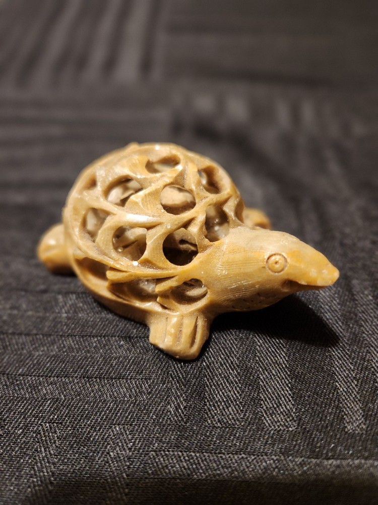 Hand Carved Stone Turtle Figurine Openwork Shell Turtle Inside Vintage Style