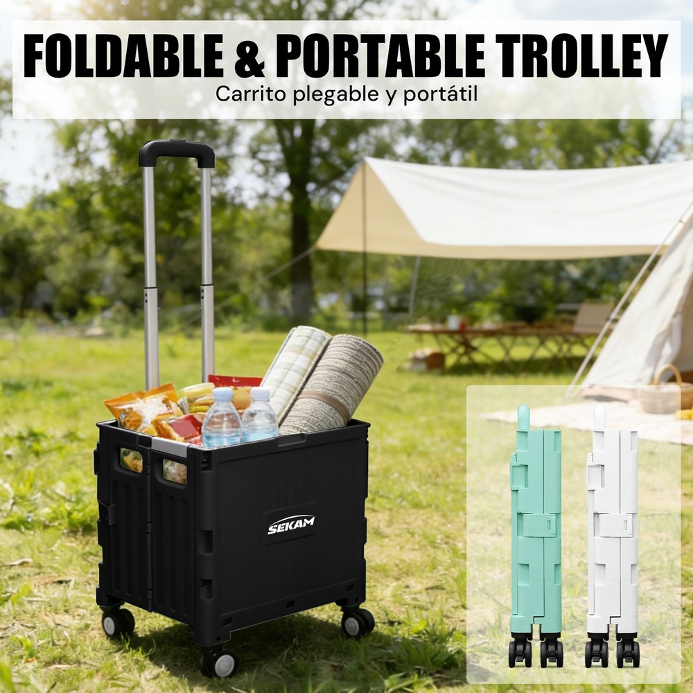 Foldable Rolling Crate with Lid & Telescopic Handle Portable Utility Cart Multi