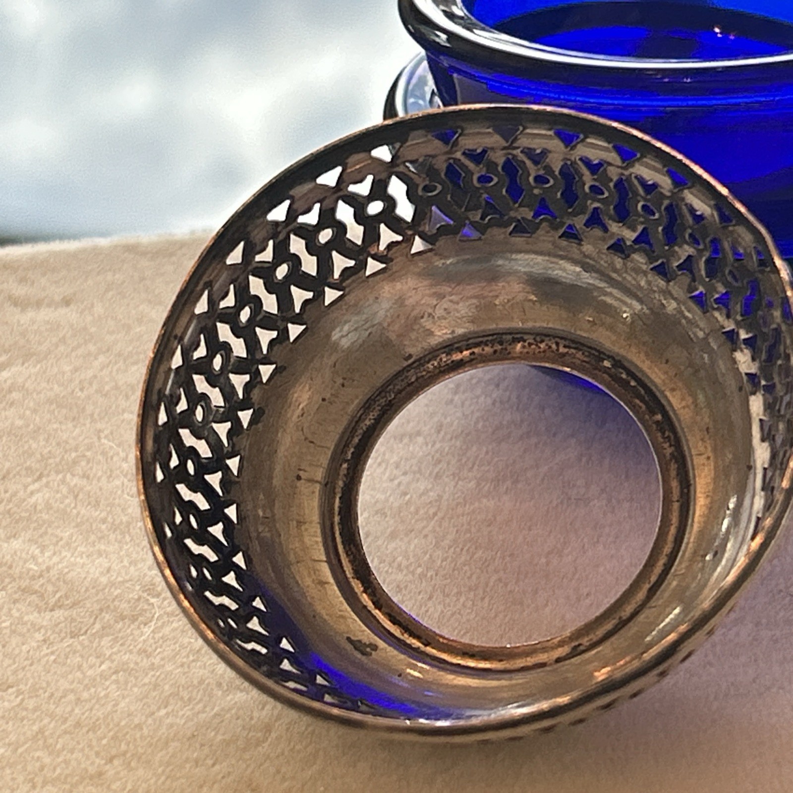 Lot of 2 Antique Webster Salt Cellars 2 Spoons Sterling Silver Blue Cobalt Glass