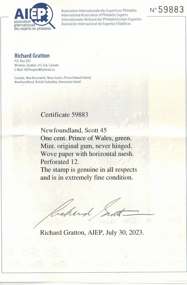 Newfoundland #45 Extra Fine Never Hinged Gem **With Certificate**