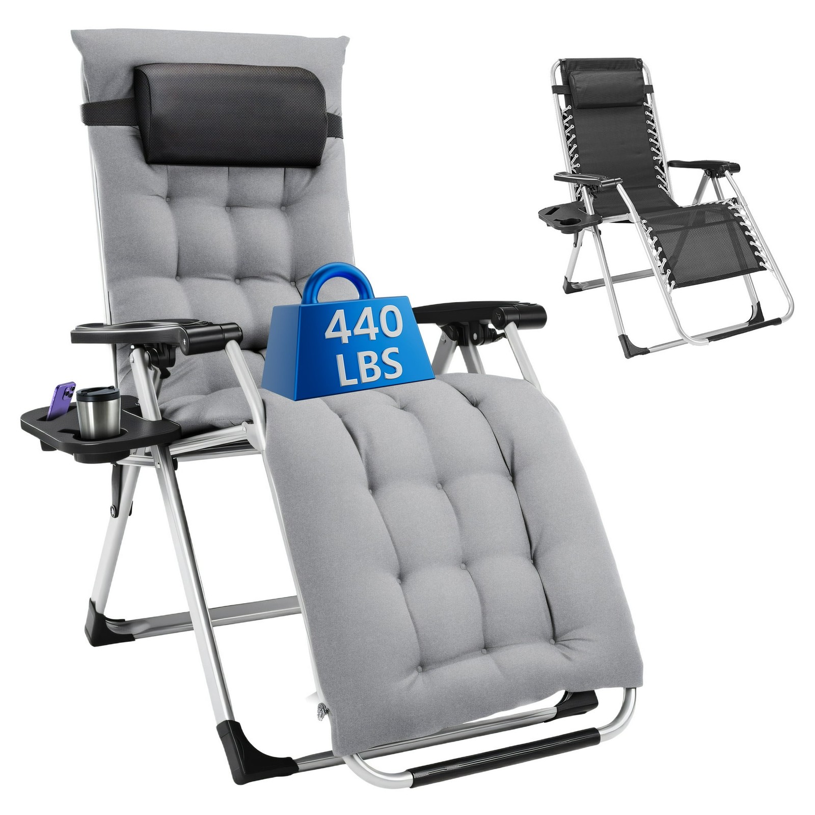 Zero Gravity Chair Outdoor Lounge Chair w/ Removable Cushion&Cup Holder&Headrest