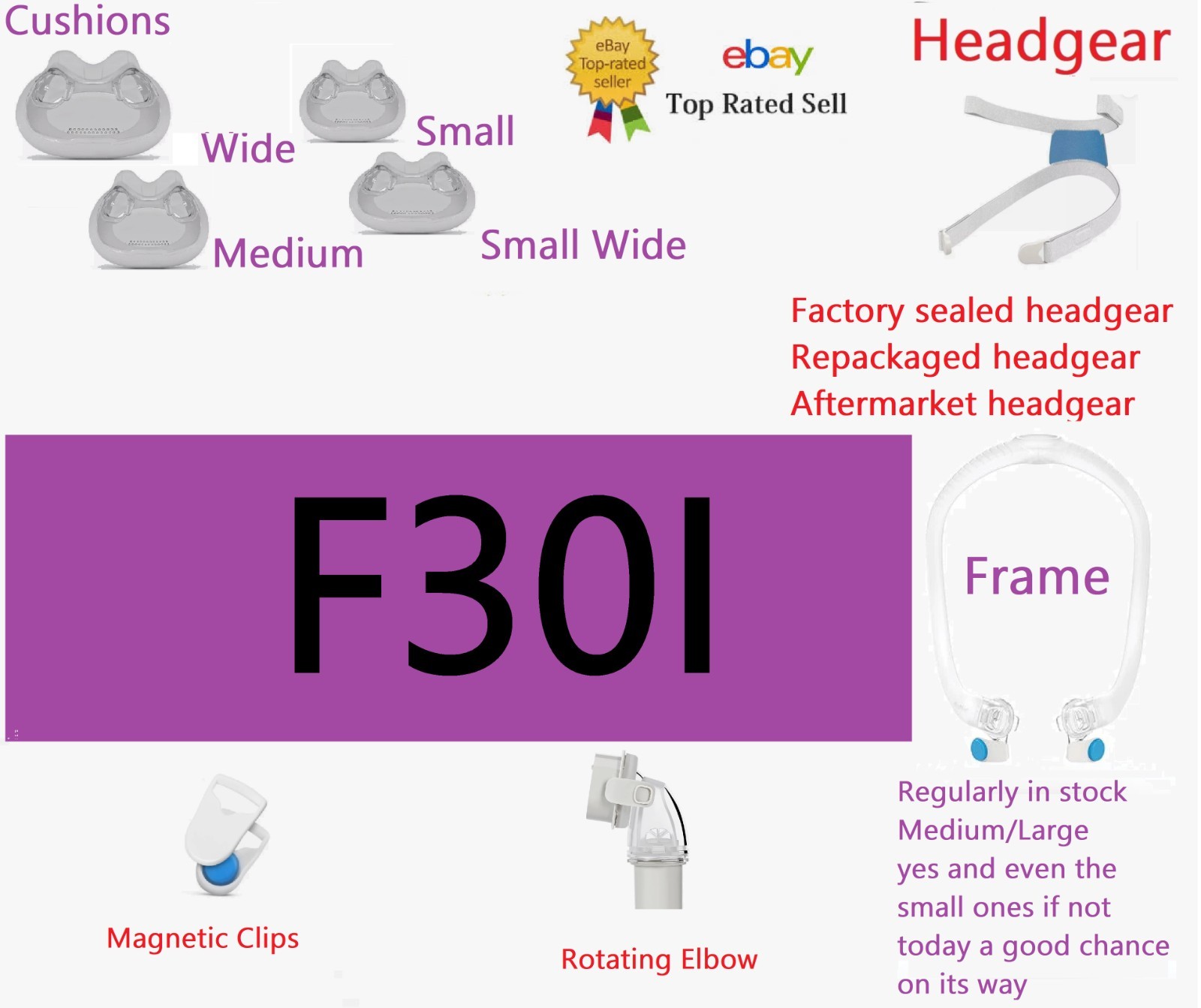 F30I Cushion Headgear/Frame/Swivel Adapter/Clips