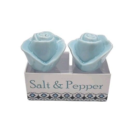 Blue Roses Ceramic Flowers Salt And Pepper Shakers NEW Cordon Bleu Inc