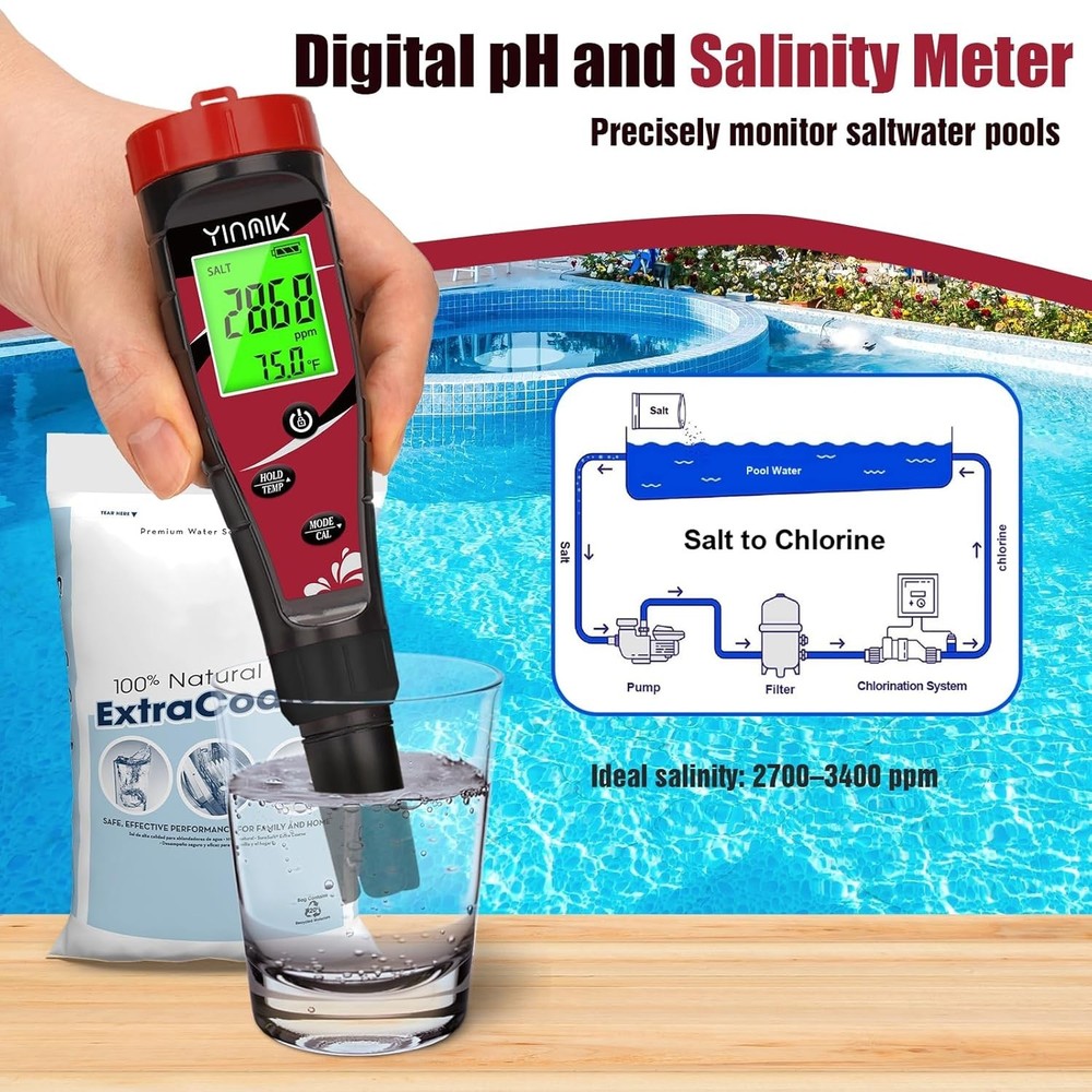 pH Chlorine Meter Digital Salinity pH Tester for Saltwater Pool Salt Reader