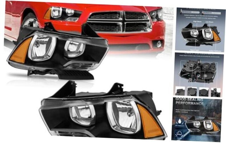 Halogen Headlights Assembly Compatible for 2011 Black Housing Amber Reflector